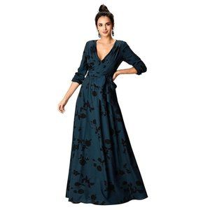 eShakti Black Teal Pleated Floral Crepe Maxi Dress 16W